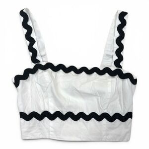 Japna Womens White Black Ric-Rac Trim Smocked Back Crop Square Neck Size M NWT